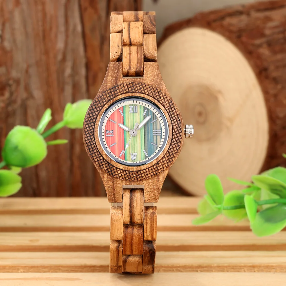 Trendy Tiny Round Dial Quartz Watch for Women Vintage Zebrawood Band Bracelet Ladies Wristwatch Exquisite Female Timepiece Gifts