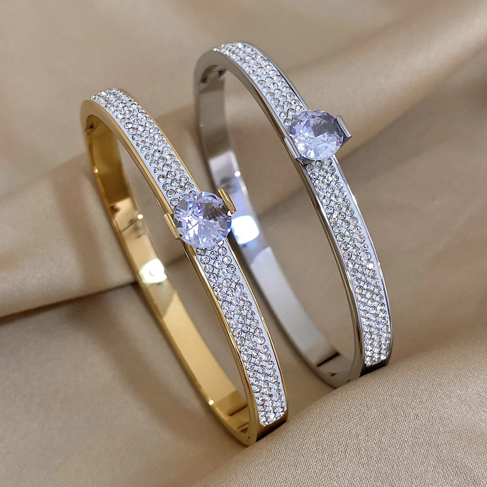 Fashion Zircon Bracelets Bangles for Women Stainless Steel Luxury Rhinestones Golden Silvery Waterproof Cuff Jewelry Accessories