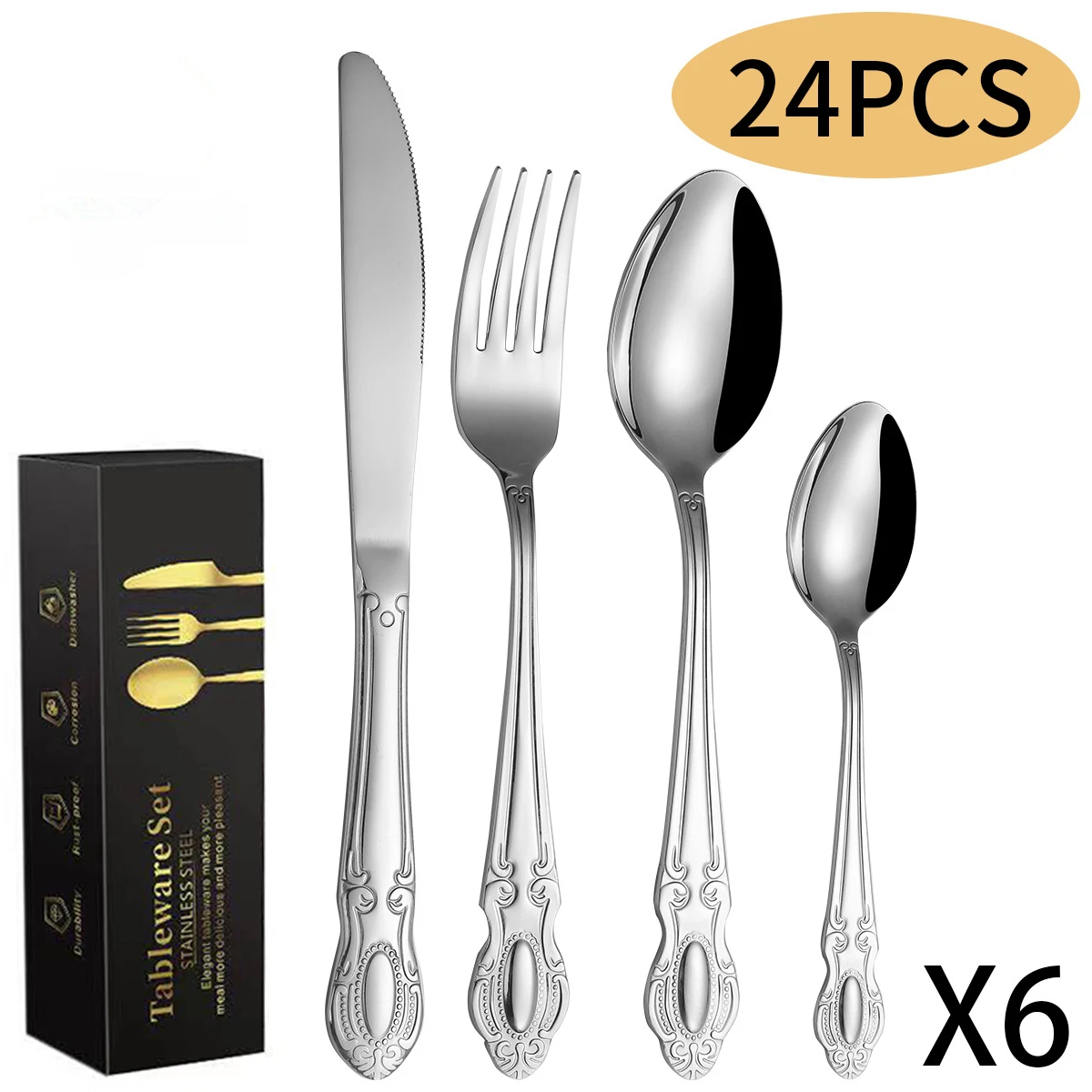 24Pcs Golden Cutlery Set Retro Western Flatware Dinner Serving for 6,Includes Spoons, Forks,Knifes,Dishwasher Safe