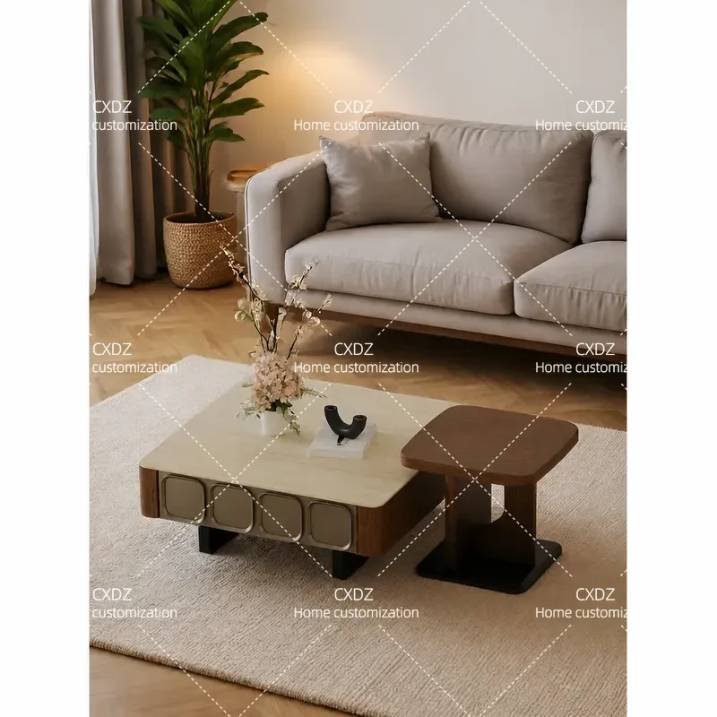 Medieval Rock Slab Coffee Table Set Square Metal Frame Walnut Pattern Light Luxury High End Living Room Household Furniture