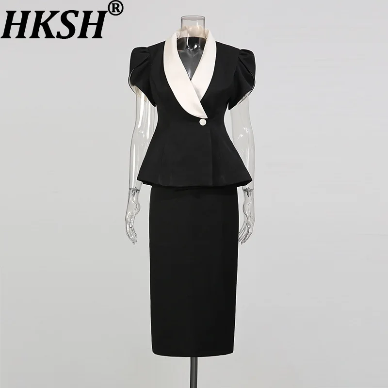 HKSH 2026 Spring Summer New Women Two-piece Set Short Sleeve Color Block Single Button Waist Cinching Top Slim Fit Skirt HK17533
