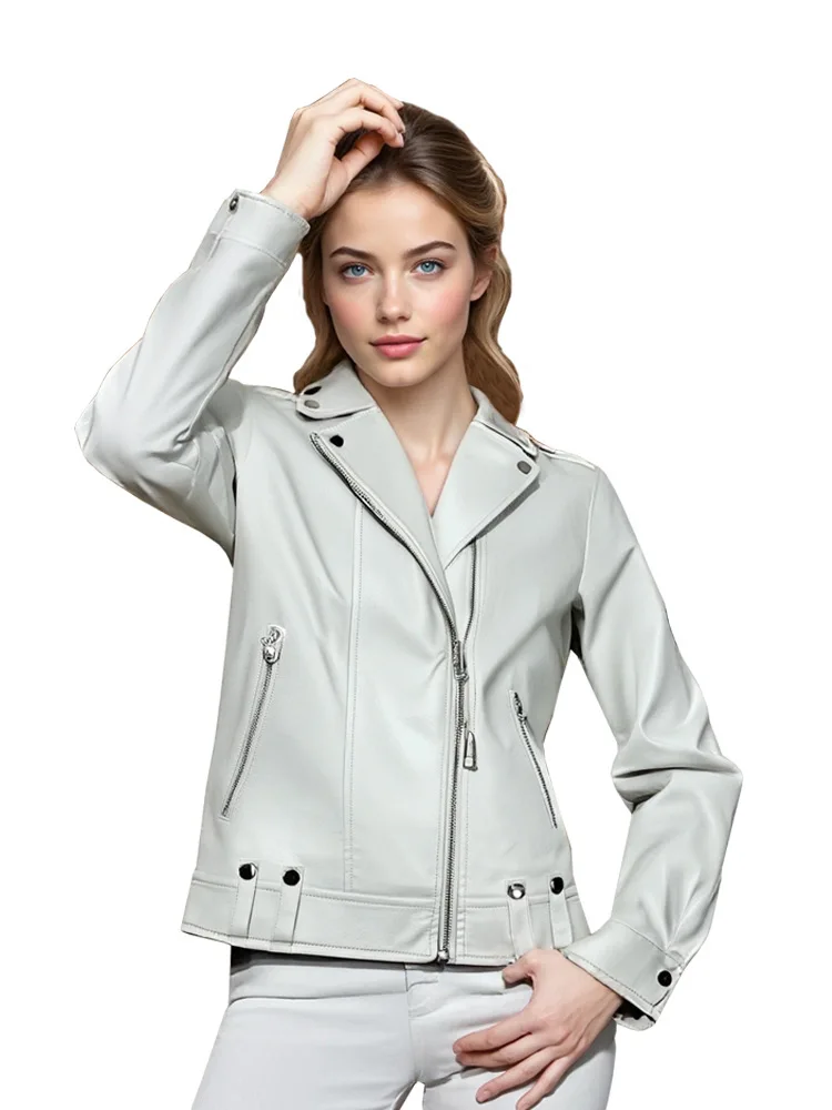 سترة جلدية بنمط جديد للخريف بدلة دراجة نارية عصرية ذات طية صدر السترة سترة قصيرة من جلد البولي يوريثان سترة جلدية مغسولة سترة جلدية نسائية