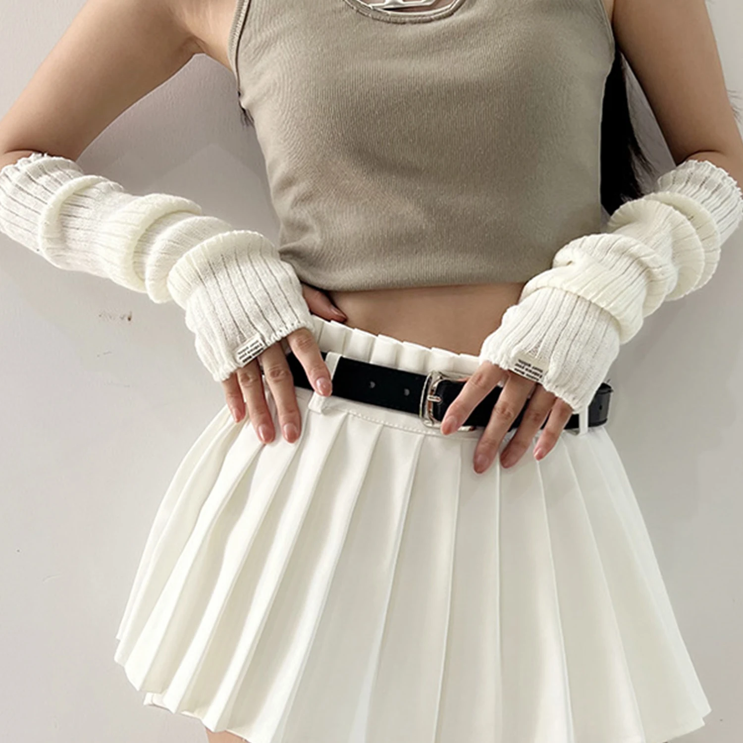 White Lolita Style Long Fingerless Gloves Women Winter Arm Warmer Knitted Arm Sleeve Casual Soft Girls Punk Gothic Mittens