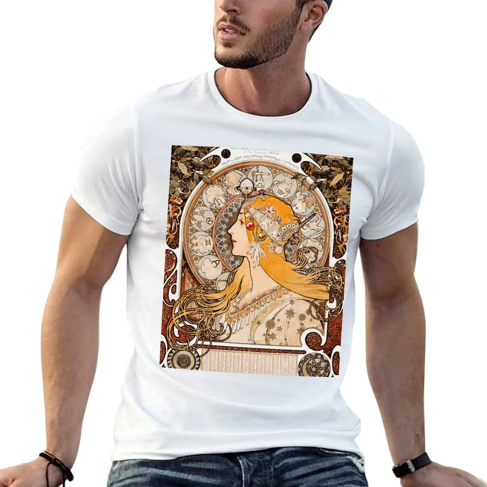 Alfons Mucha La Plume Zodiac Calendar Art Nouveau T-Shirt Quick Dry Fishing T-Shirt
