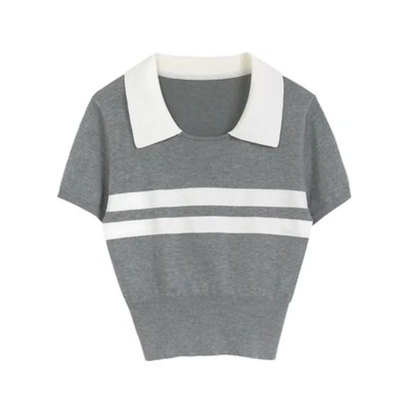 2024 Summer Versatile T-shirt Women Striped Preppy Style Polo Neck Tops Students New Short-sleeved Knitted Tees Female