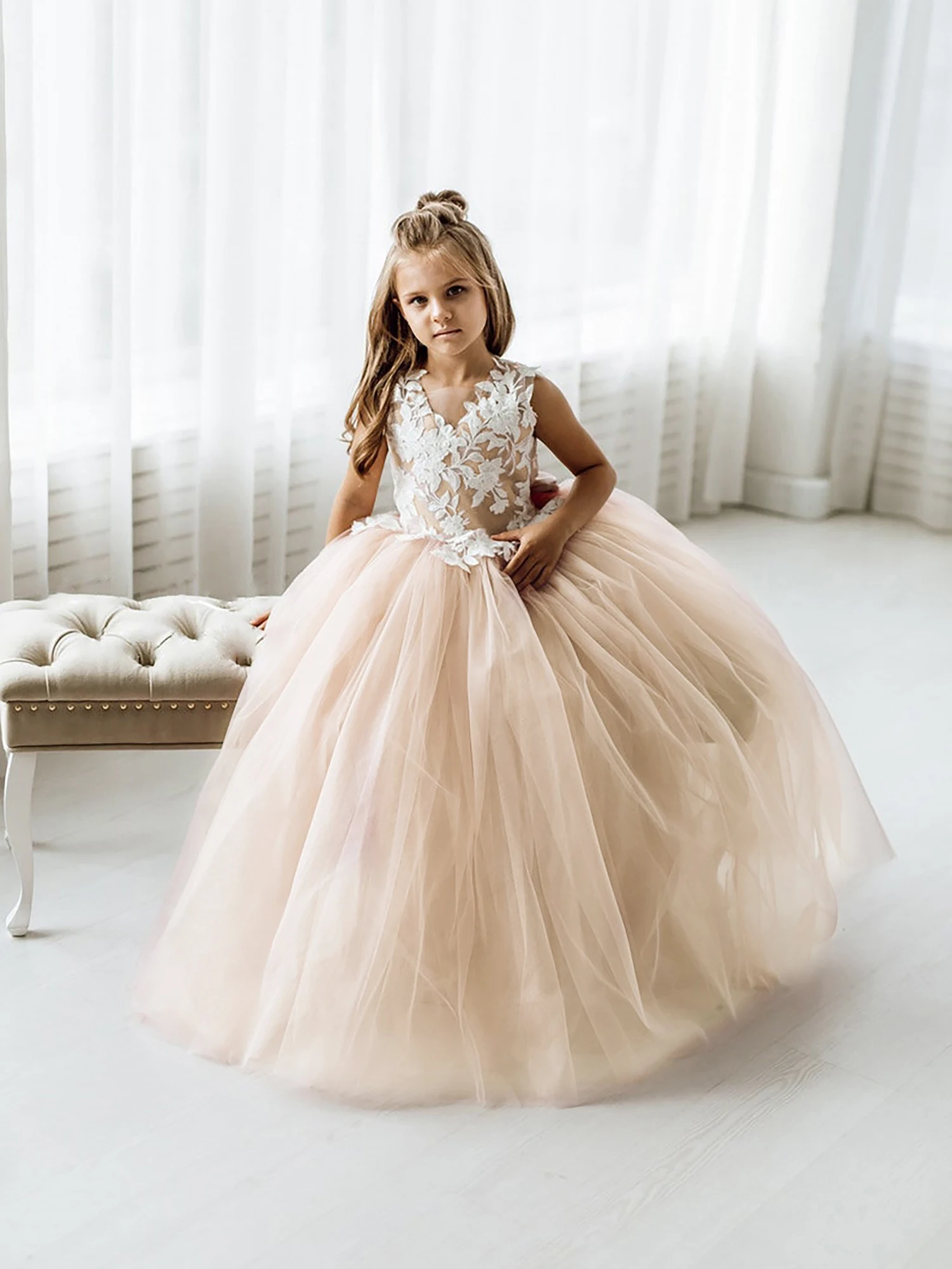 Precioso vestido de baile de encaje Para chico, Vestidos de flores Para niña, pajarita personalizada en la espalda, Vestidos de princesa de tul Para Niñas, vestido de fiesta Para boda