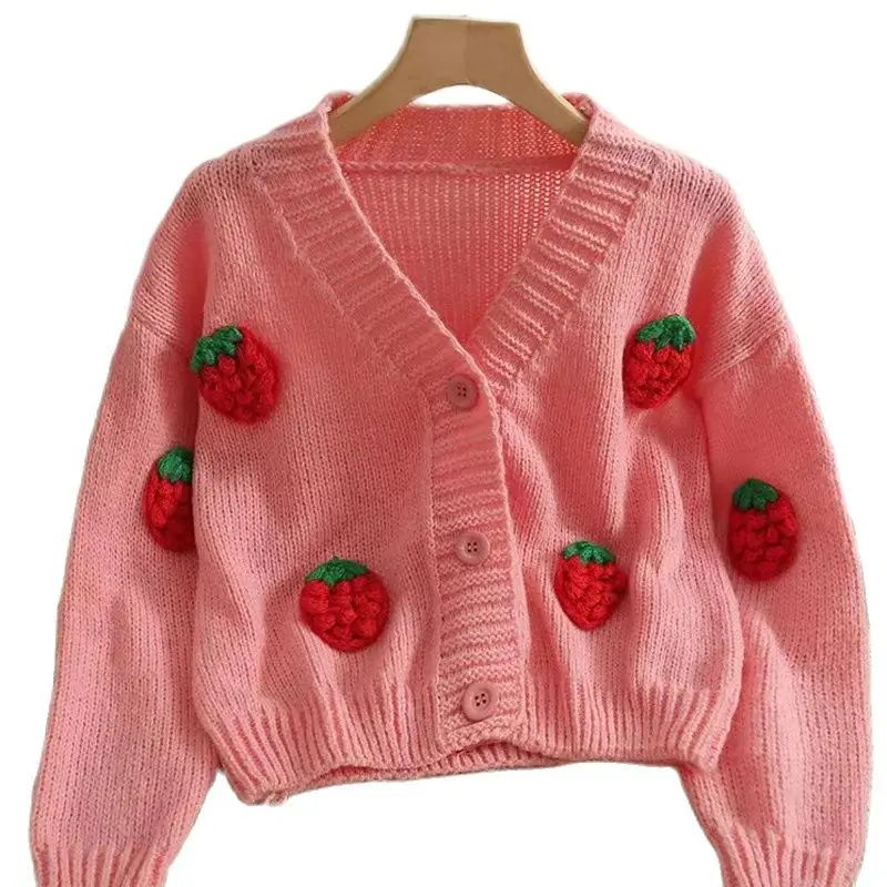 Three Dimensional Strawberry Cardigan Sweater Women\'s 2022 New Solid Color Single Breasted V-neck Long Sleeved Knitted Top