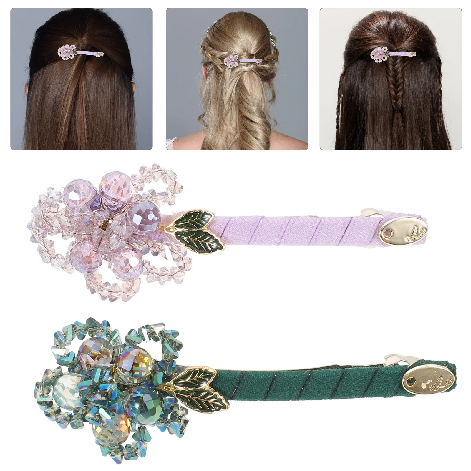 

2 шт., весенние зажимы с цветочным цветком, искусственные хрустальные заколки для волос, зеленые, фиолетовые, элегантные аксессуары для волос для особых случаев