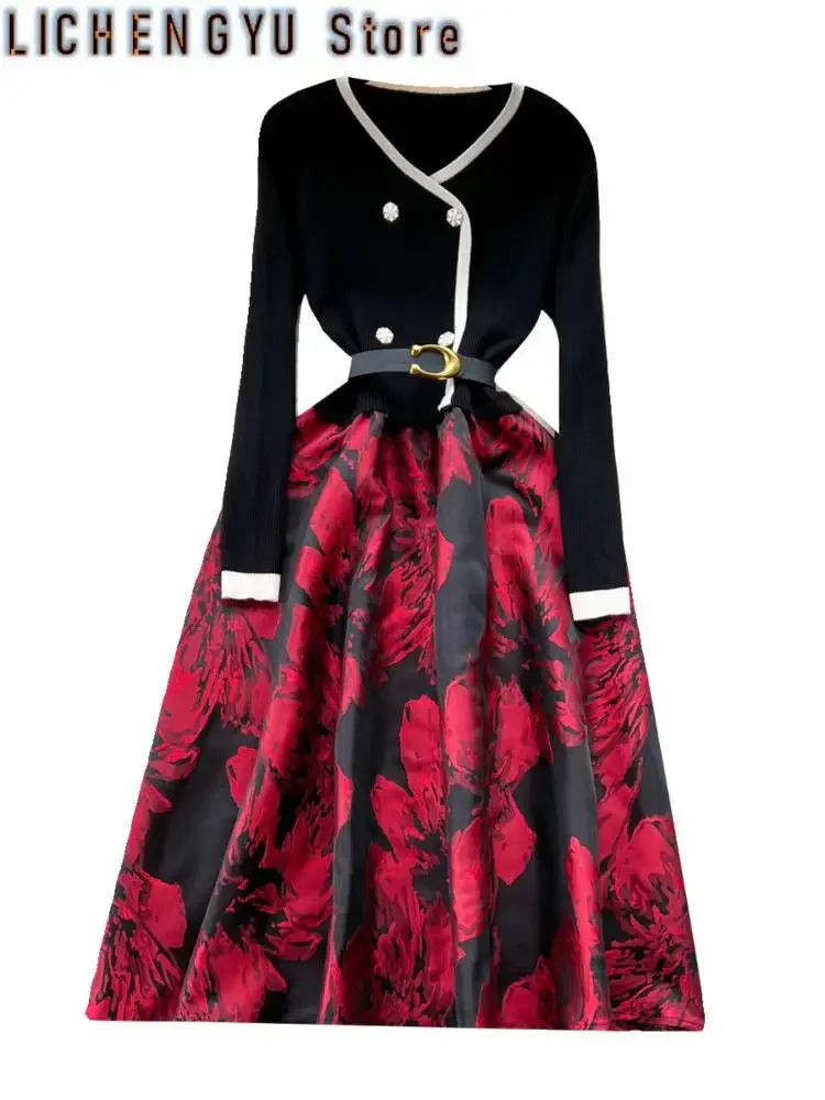 

Sweet Style Women's Dress Knitted Patchwork Jacquard Weave Fake Two Piece High Waist Dresses Winter Spring