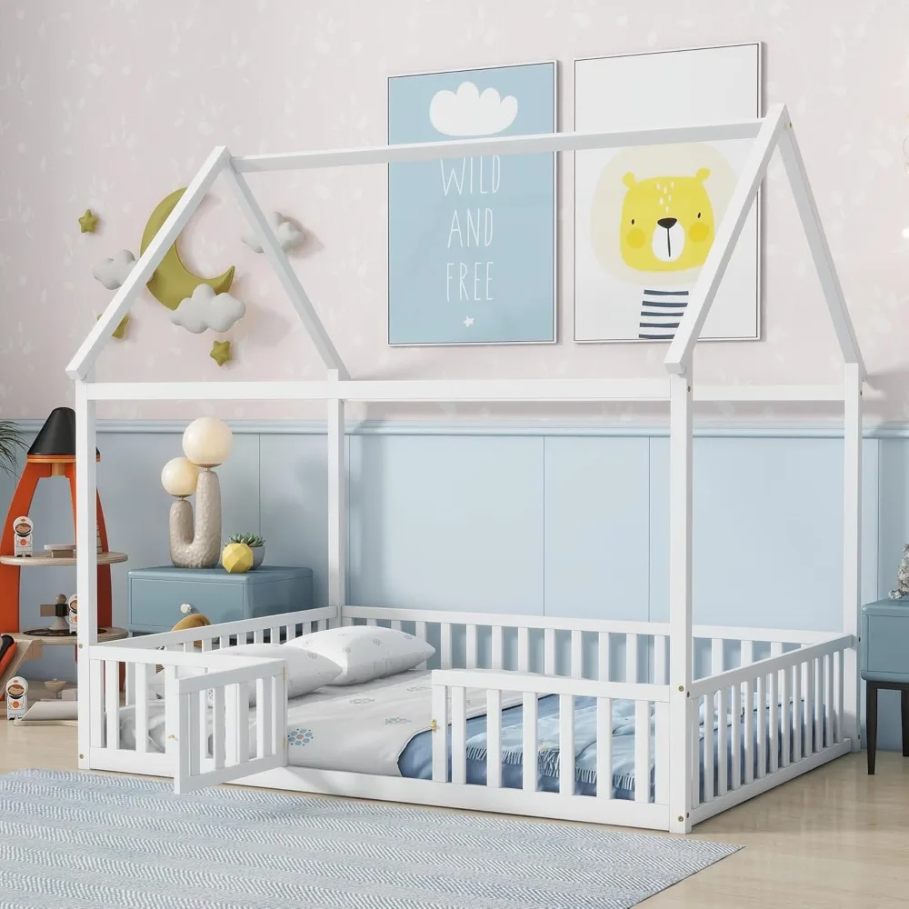 

Aoowow Full Size Floor Bed Full House Bed Frame with Door and Fence, Wooden Montessori Floor Bed Kids Playhouse for Boys Girls f