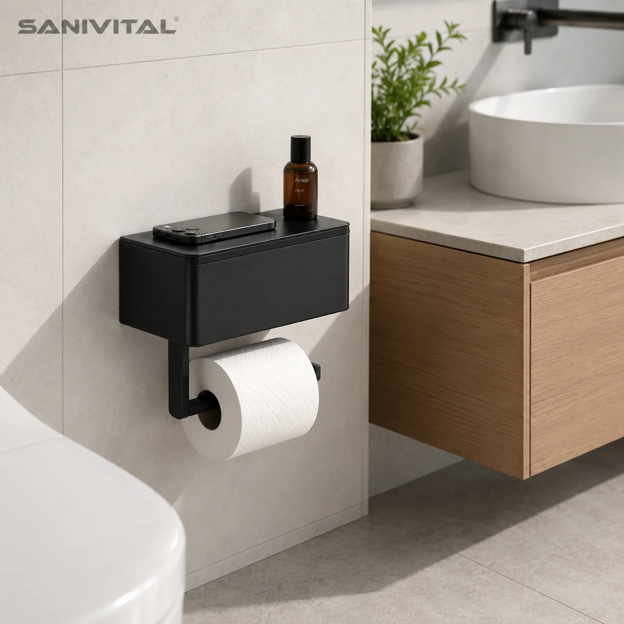 SANIVITAL Drill Mount Toilet Paper Holder Matte Black Wall Mounted Tissue Roll Holder with Storage Shelf for Bathroom