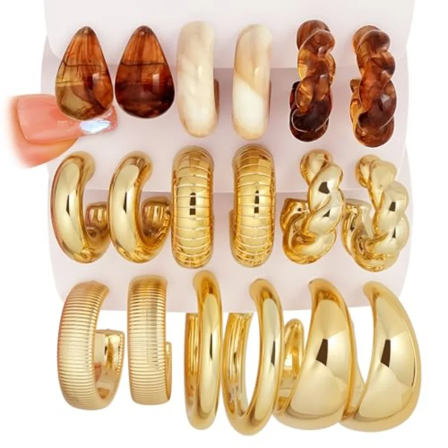 

Chunky Gold Hoop Earrings for Women: 9 Pairs 14k Gold-Plated Resin Hoop Earrings, Thick Open Twisted Huggie Hoops Fashion Jewel