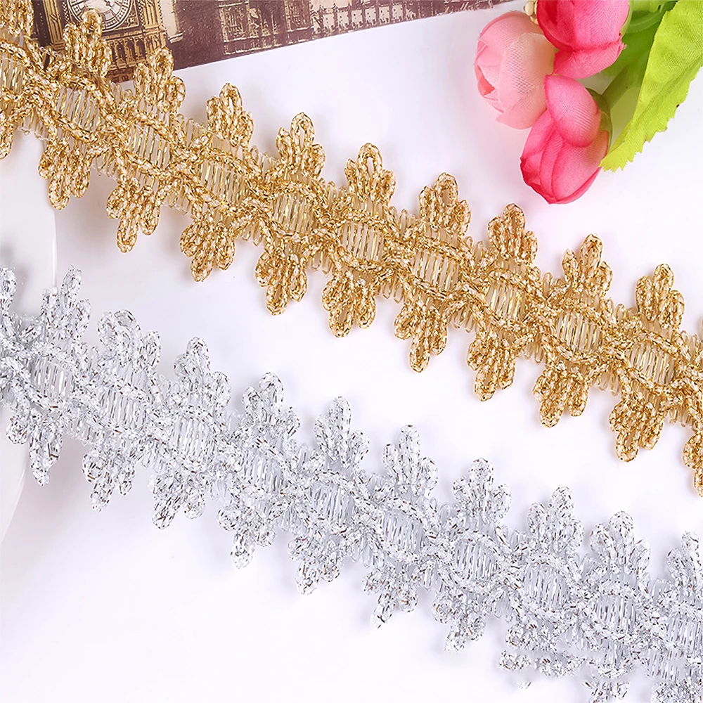 3.5cm Width Golden Lace Trim With Metallic Thread And Ethnic Double Row Wavy Border For Clothing Accessory And Sewing Supplies