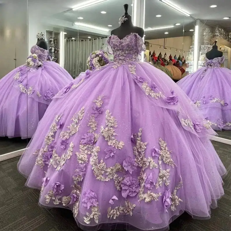 

Customized Lavender Quinceanera Dresses Ball Gown Off The Shoulder Appliques Tull Sweet 16 Dresses 15 Años De Mexican