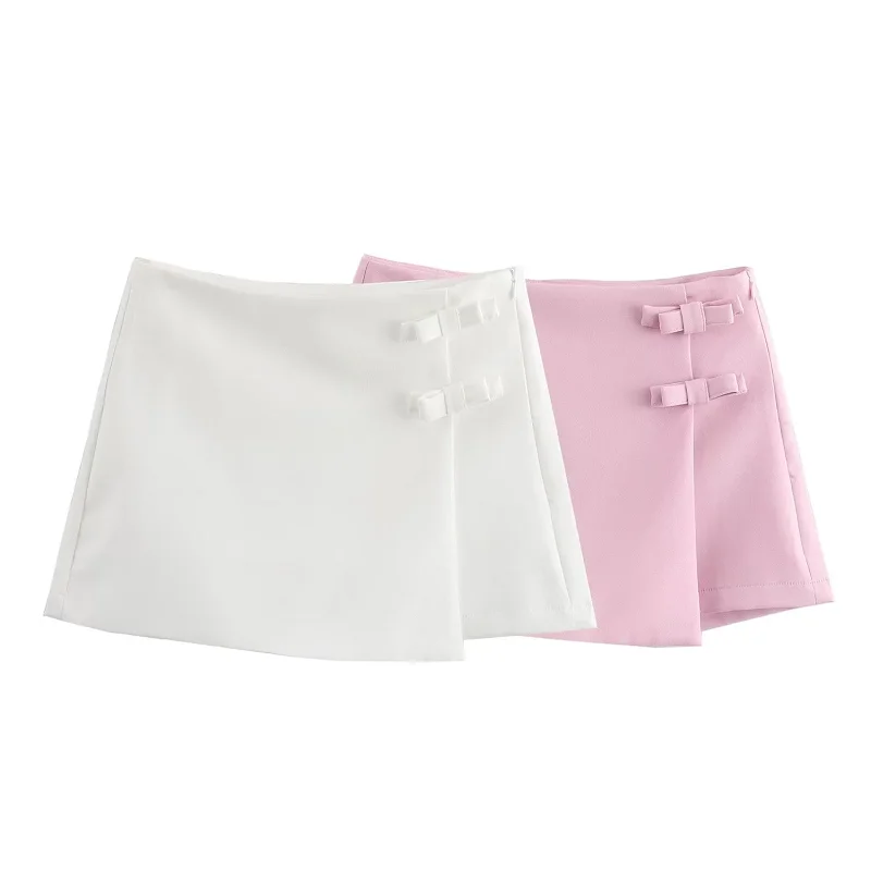 TRAF Women Mini Skirt White Pink Bow Lace-Up Lady Skirt 2024 Summer Side Zipper Fashion Casual Elegant Office Women Clothing