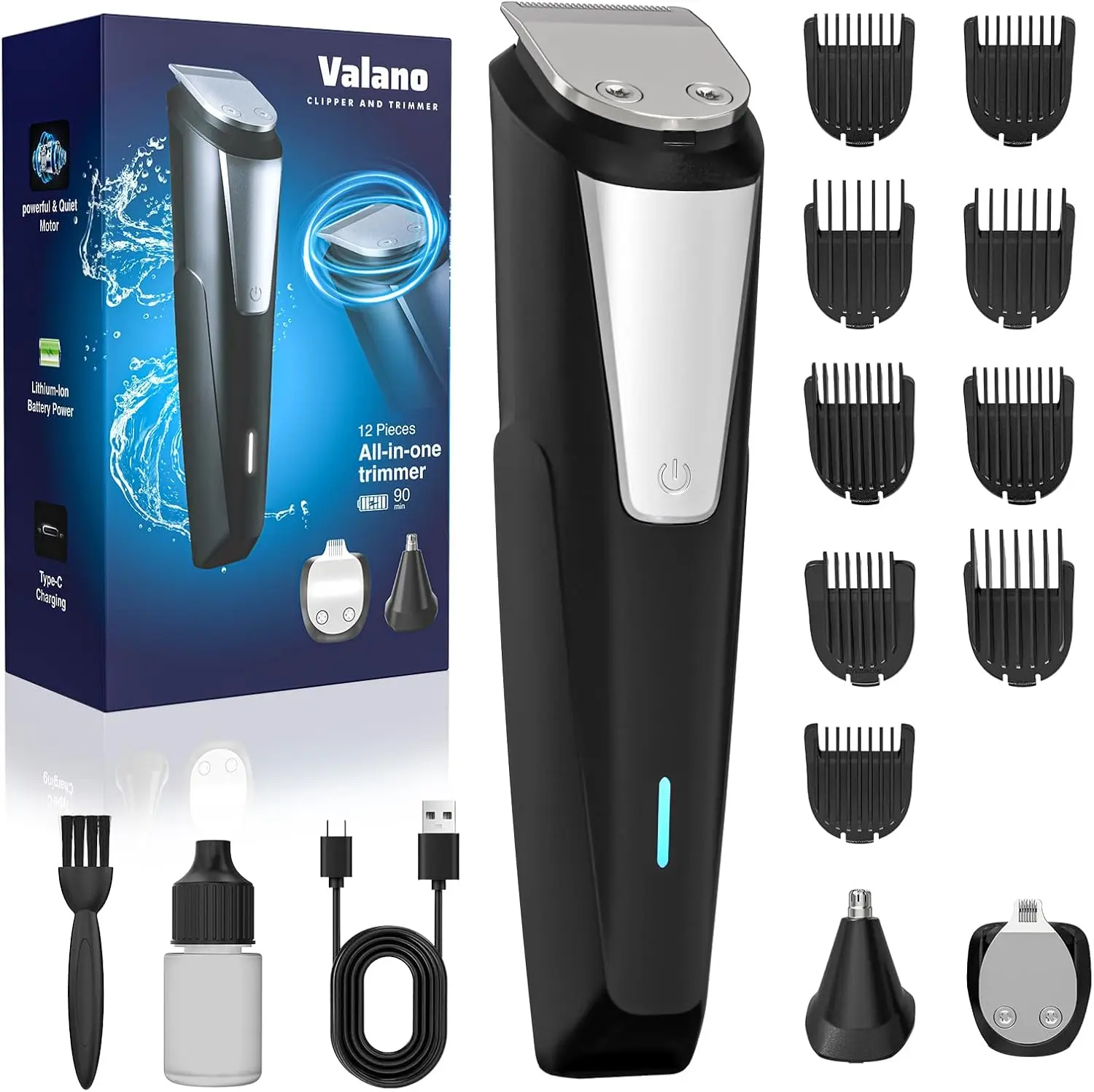 

All-in-One Cordless Beard Trimmer Kit with 9 Combs, USB Rechargeable, Quiet Motor for Men's Grooming