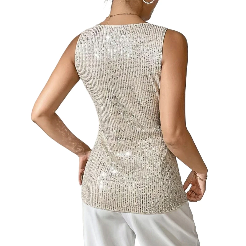 Damen-Pailletten-Tanktop mit V-Ausschnitt, ärmellos, glitzerndes Camisole-Top, Glitzer-Party-Weste, Clubwear, lässige Bluse, футболка+женская – Detail 7