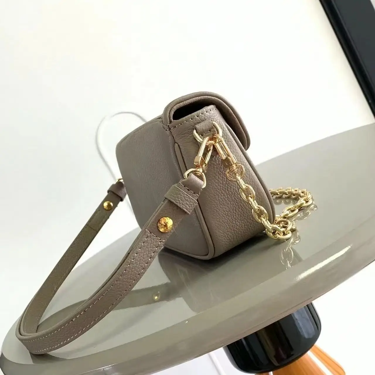 Elephant Grey Pebbled Leather Mini Flap Crossbody Bag, Dual Strap Adjustable Leather Strap & Chunky Gold Chain Shoulder Purse, Luxury Designer Inspired Neutral Women Daily Mini Handbag