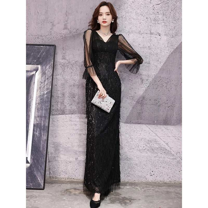 

Ele Bla Long Evening Gown V-Neline Women's Dr for Year-End Par Korean Sle Fitted Skirt with Bubble Sve