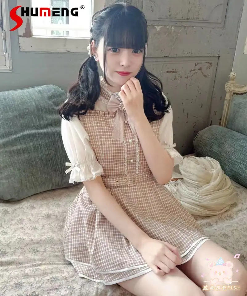 

Japanese Mines Style Mass-produced RJ Dress Sets Lace Splicing Bow Plaid Short-sleeved Lolita Dress Shorts Two-piece Suit Women