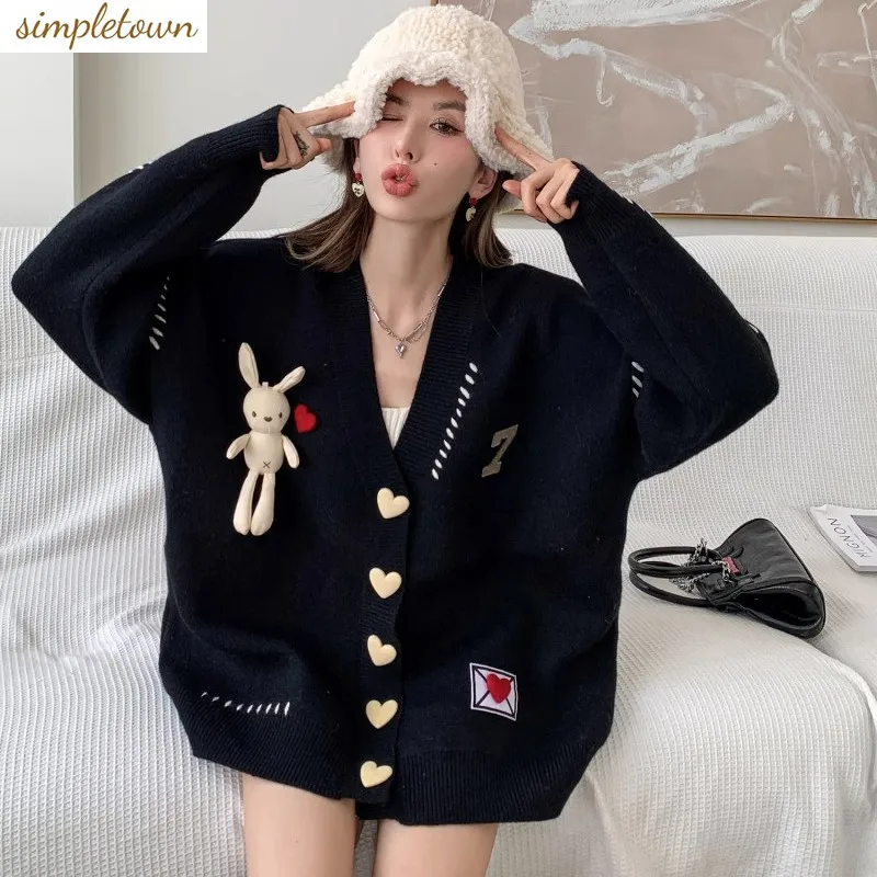 2023 New Lazy Style Wearing Rope Tassel Sweater Cardigan Women's Autumn/Winter Loose Medium Length Knitted Shirt Coat