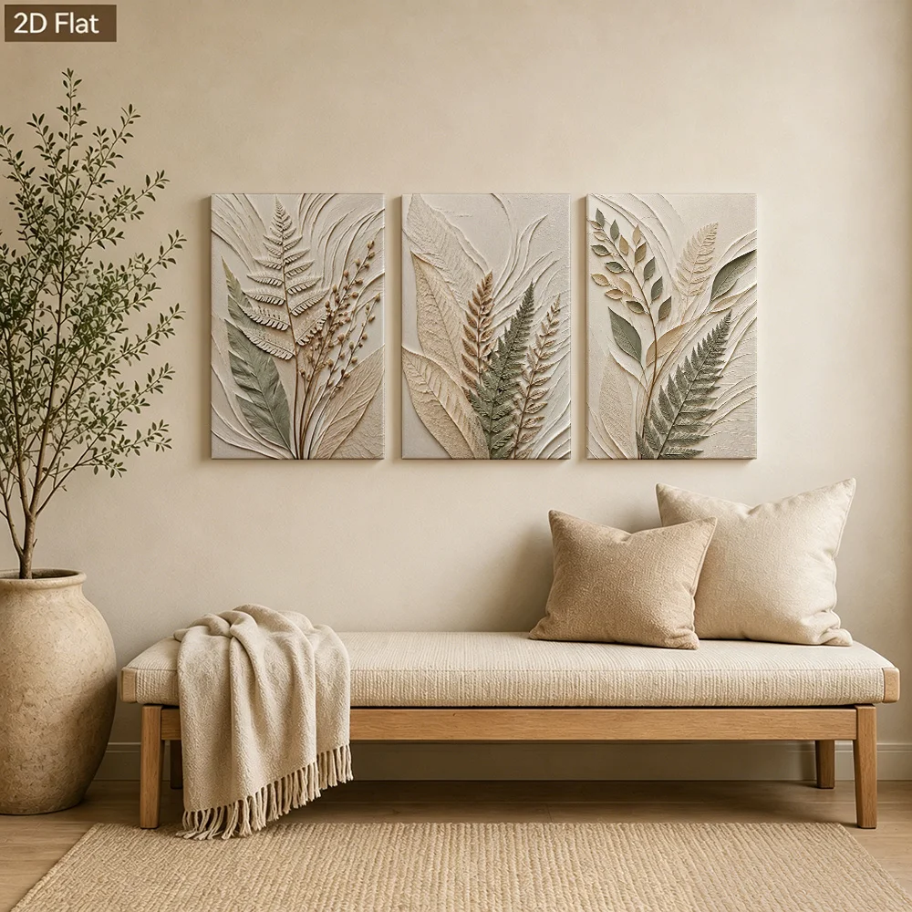 (No frame)Cuadro 2D Plano, Arte de Pared con Alivio de Venas Vintage 2D/Plano de 3 piezas, Pintura de Plantas Texturizada Est