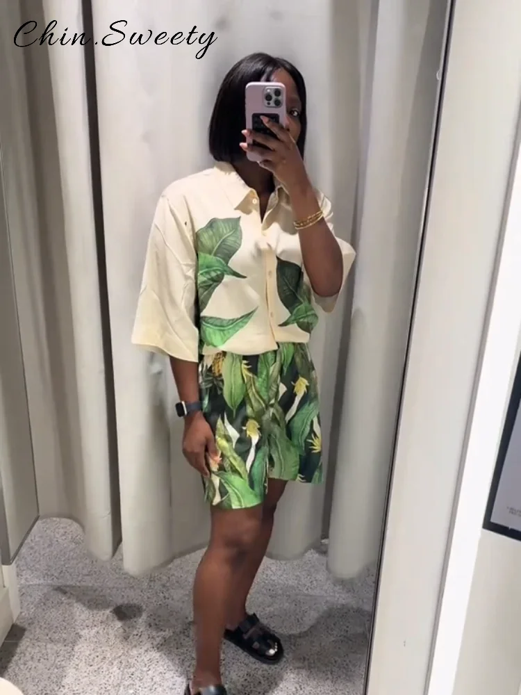 Chic Printed Shirts Shorts Sets Women Loose Lapel Half Sleeve Single Breasted Short Pants 2025 Summer Lady Beach Vacation Suits