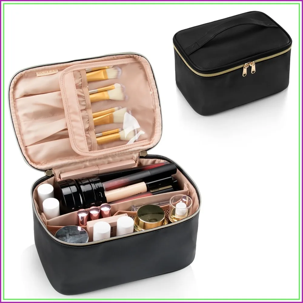 Large Capacity Travel Makeup Bag Organizer with Handle and Divider, Portable Cosmetic Case for Women and Girls