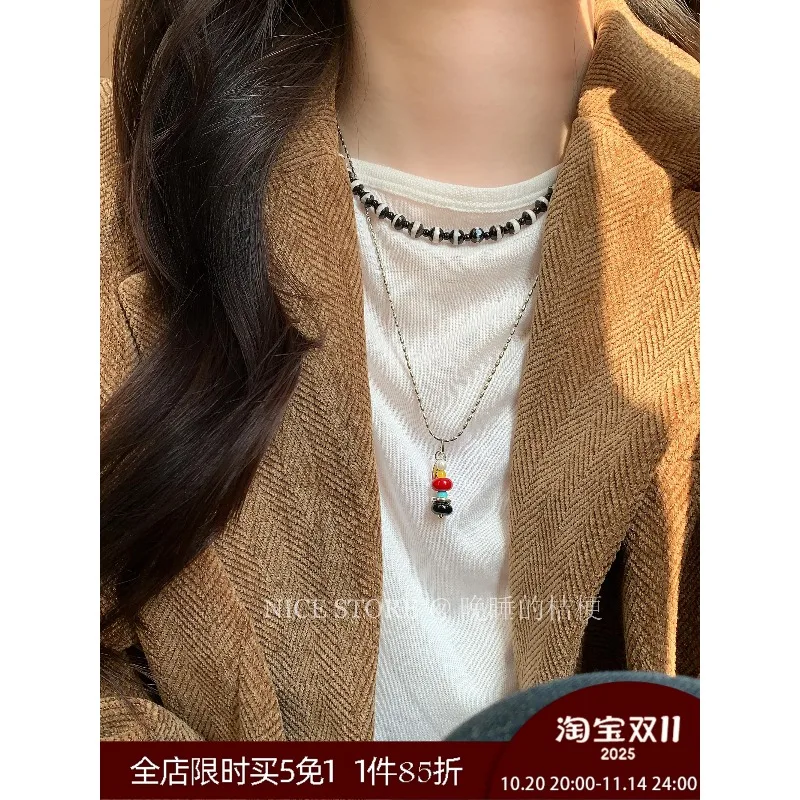 

Modern Chinese Style Two Tone Agate Multi Strand Layering Colorful Long Pendant Adjustable Sweater Chain for Women Jewelry Gift
