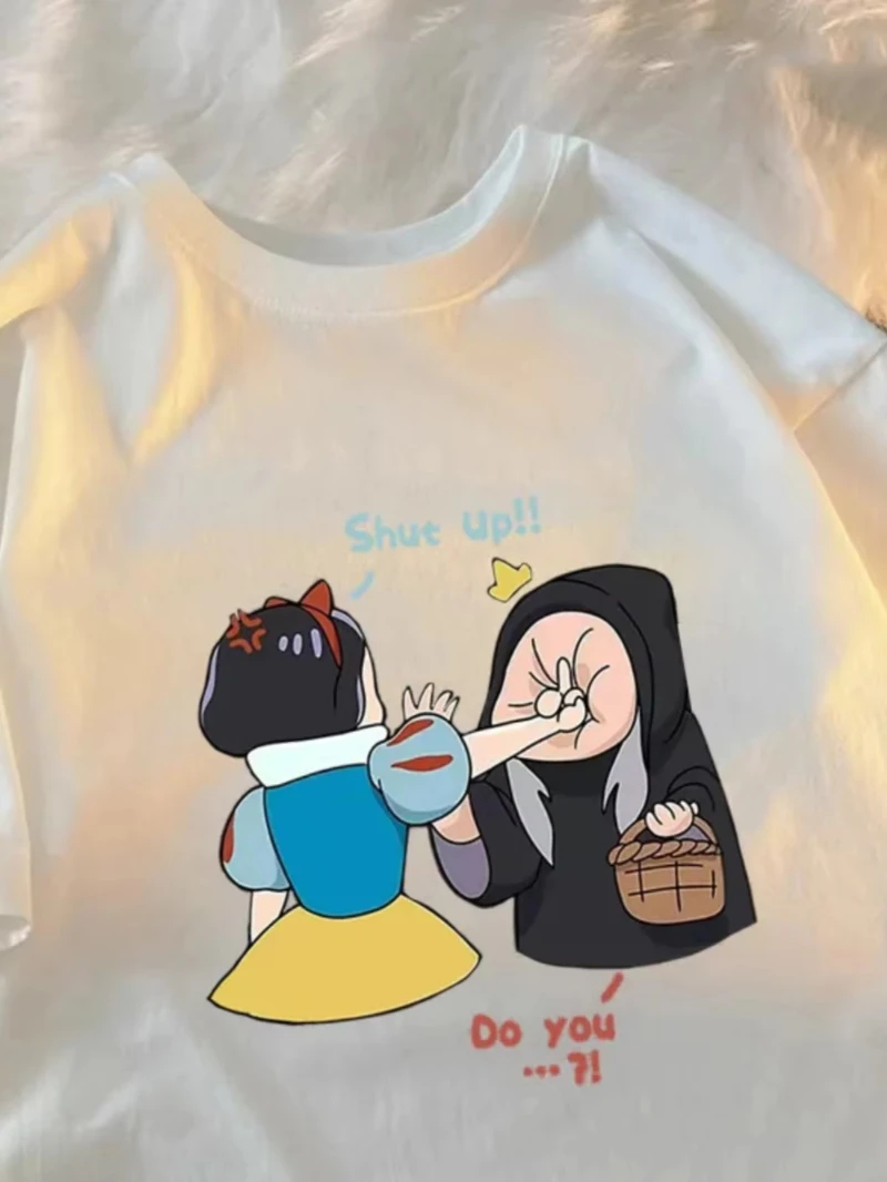 Camiseta de manga corta de Blancanieves de Disney para mujeres y parejas, novedad de verano 2021, ropa informal holgada de algodón transpirable con cuello redondo