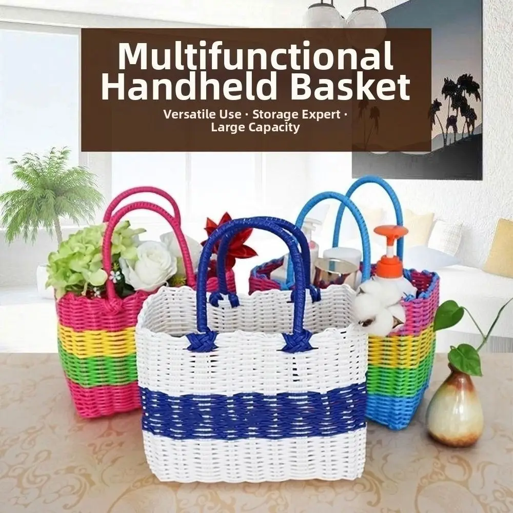 Handgefertigter Einkaufskorb aus geflochtenem Rattan, mehrfarbiger PE-Picknick-Aufbewahrungskorb, 24 x 14 x 18 cm/23 x 12 x 18 cm