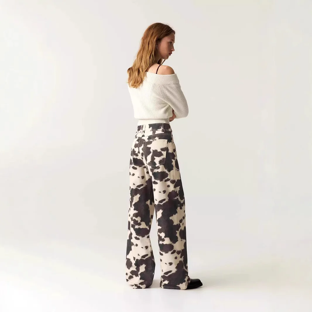 Retro Cow Pattern Vintage Waed Jeans Men's Loose Straight Leg Trousers Cross-Border Sle Casual High Waist Long Pants