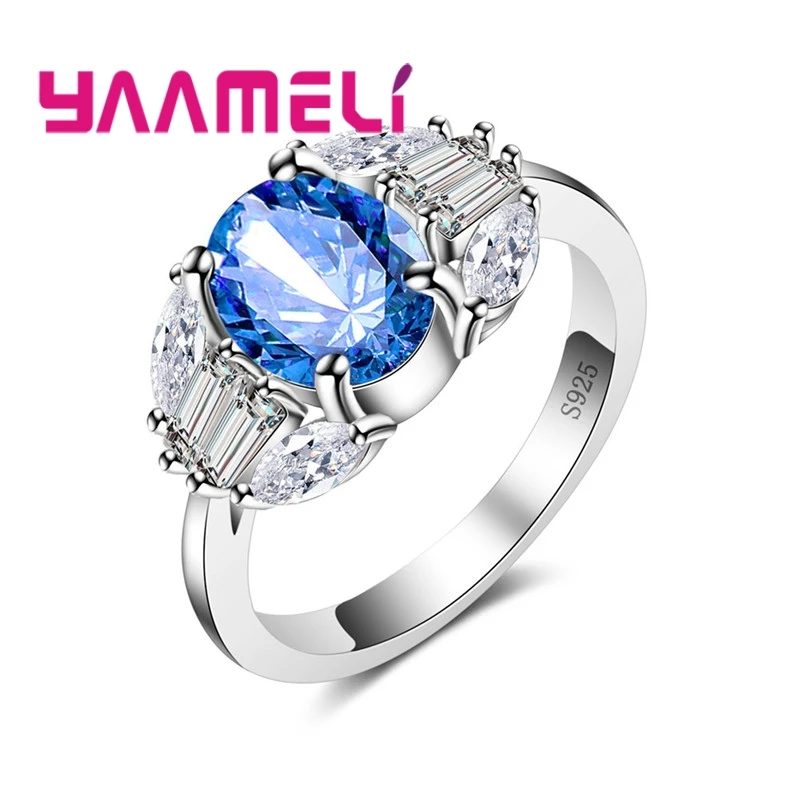 New Collections Luxurious Real 925 Sterling Silver Color Women Wedding Band Rings With Blue and White AAA Cubic Zircon Stones