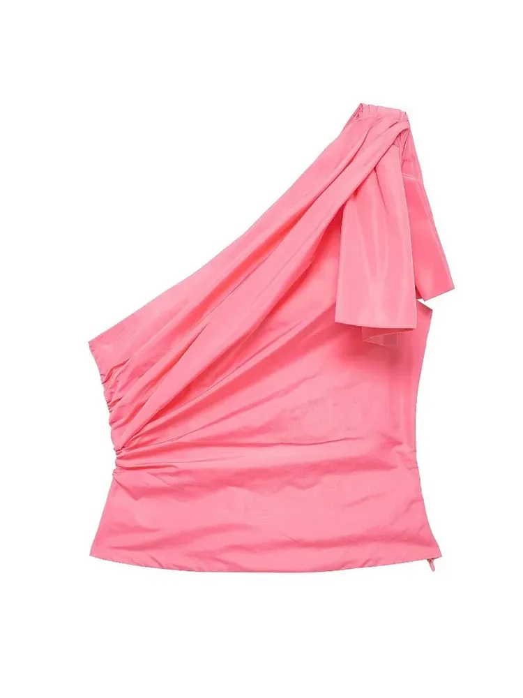 

Асимметричный женский топ HH TRAF, пикантный укороченный топ на одно плечо, на молнии, элегантный розовый топ без рукавов с рюшами, на лето