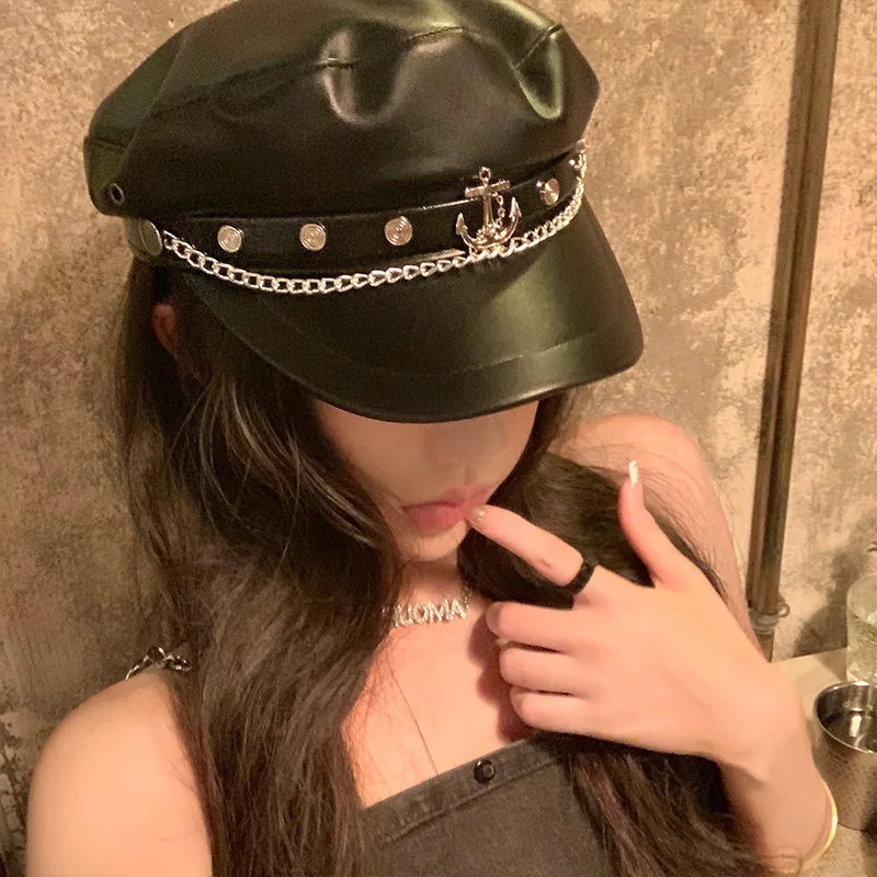 

Retro British style beret female pu leather versatile navy hat big head circumference show face small hat tide leather hat