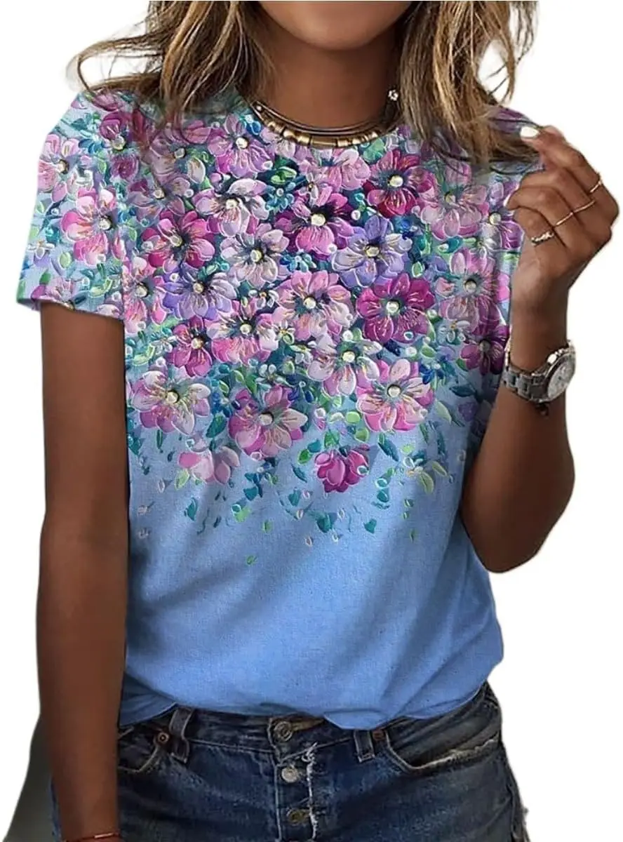 

Summer 2025 Round-neck short-sleeved women's 3D floral print T-shirt Casual top