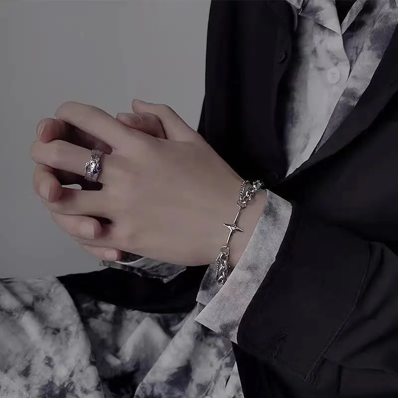 Bransoletki z krzyżem gwiezdny frędzel dla kobiet eleganckie kółko gruby łańcuch bransoletka kryształ Punk srebrny kolor bransoletki na nadgarstek