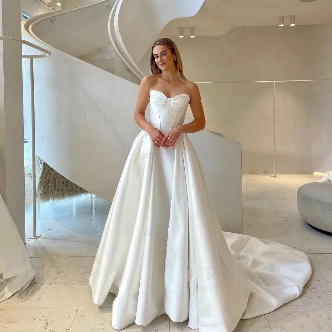 Simple Woman's 2025 Wedding Dresses Sweetheart Sexy Backless Sleeveless Satin Sweep Train Formal Bride Gowns Vestidos De Novia