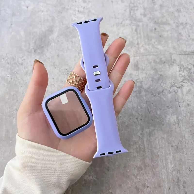 Стекло + чехол + ремешок для Apple Watch 44 мм 40 мм 45 мм 41-38 мм 42 мм Силиконовый спортивный браслет iWatch series10 8 9 7 6 5 4 3 SE ремешок