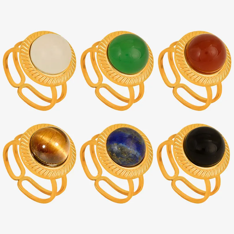 Brief High Quality Oval Texture Double Deck Colorful Stone Ring Waterproof Stainless Steel For Women Wedding Jewelry Party Gift