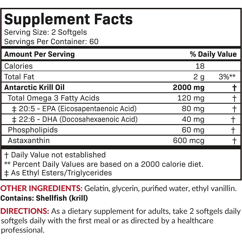 2000MG Antarctic Krill Oil - Contains OMEGA-3 EPA/DHA Phospholipids, Choline and Astaxanthin 120 Softgel Capsules