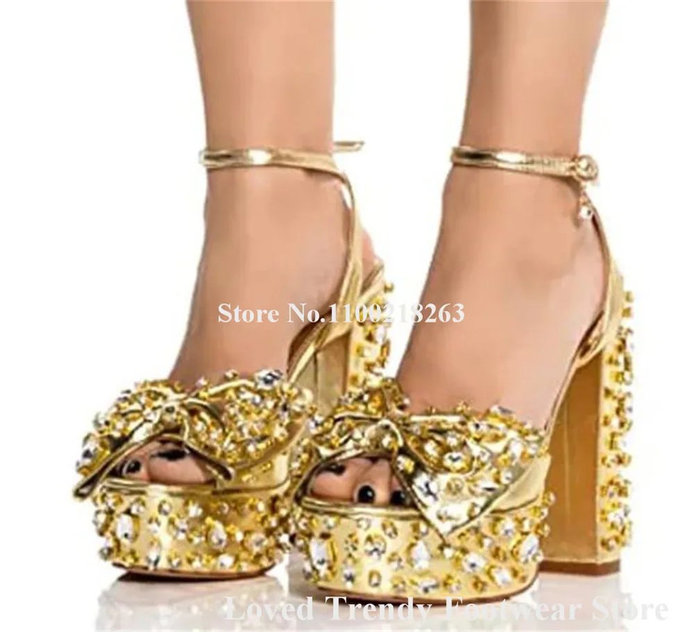 

Bling Bling Rhinestones Chunky Heel Sandals Luxurious Peep Toe Gold Pink Diamonds High Platform Thick Heel Party Heels