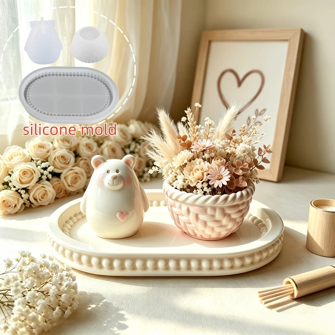 3pcs Clay Molds, Including Heart-Shaped Teddy Bear Molds, Woven Bamboo Basket Molds, Lace Oval Tray Molds, Home Decoration