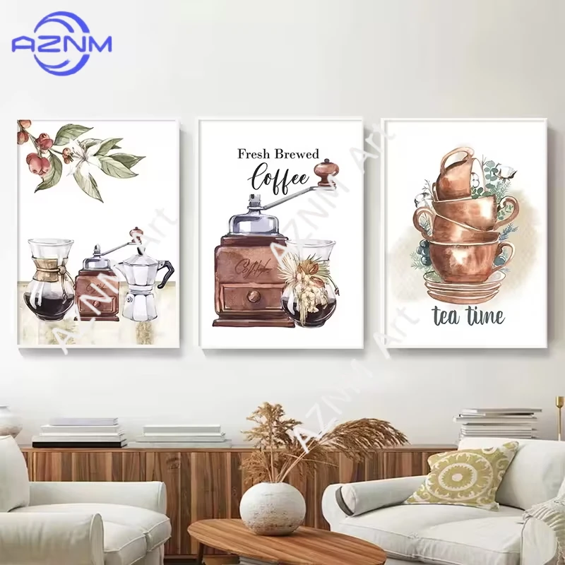 3pcs Fresh Tea Brewing Time Coffee Cup Machine Wintergreen Fruit Wall Artistic Canvas Nordic Poster Print, Bar Cafe Decoration