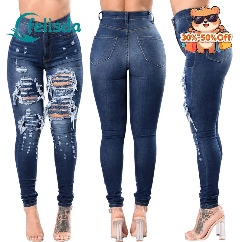 

Brand Designer Women's Jeans Fashion Summer Hip Hop Broken Holes Stretch Trouser High Waist Slim Ripped Pencil Pants Denim Jeans