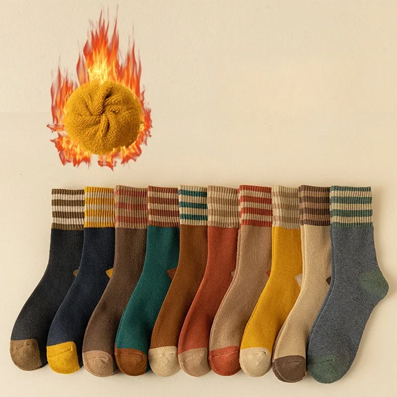 

10pcs Terry Socks Women Autumn and Winter Fleece Thickened Medium Tube Socks Three Bars Warm Towel Socks Women
