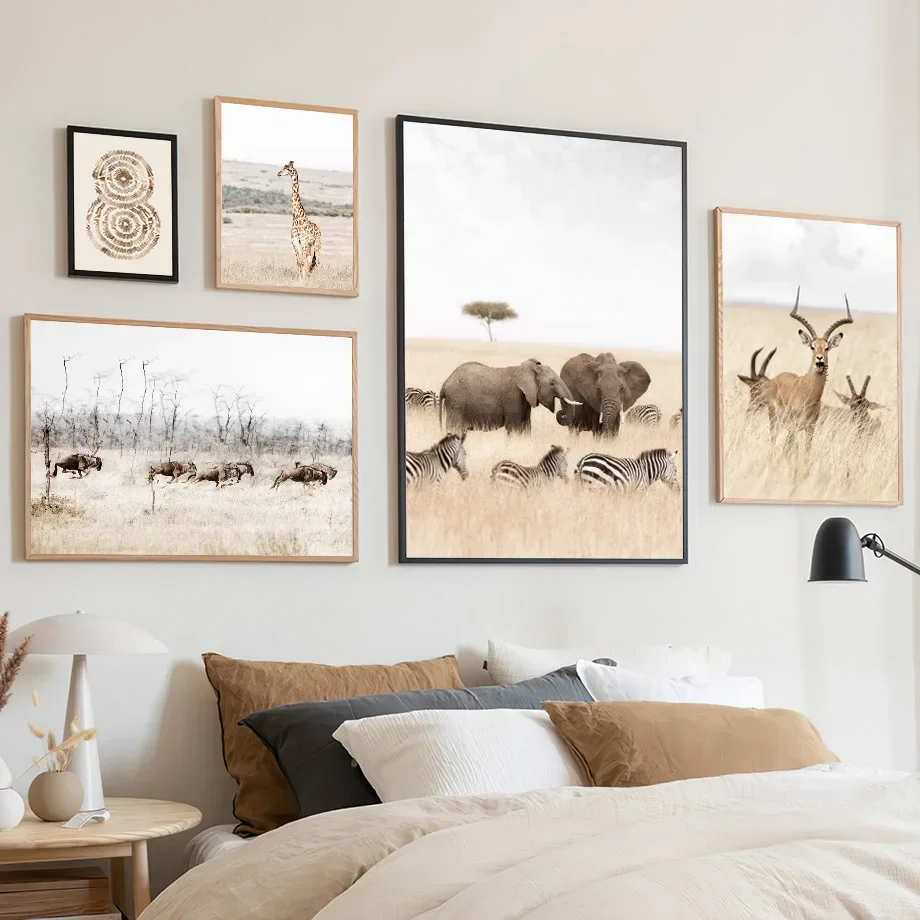 الأسد الزرافة الفيل زيبرا الظباء أفريقيا الاستوائية بوهو البيج ملصق الرسم على لوحات القماش الجدارية صورة المنزل لغرفة المعيشة دي #1