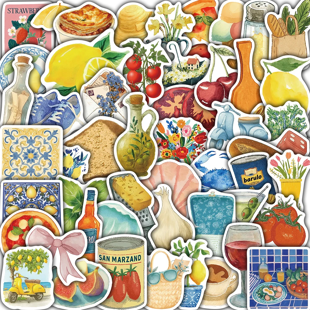 50 Stück Mediterrane Stil-Aufkleber für Notizbücher, Kawaii Scrapbooking, Laptop, Gepäck, Kaffee, Fahrrad, Kunst, Wasserdichte Handy-Sticker