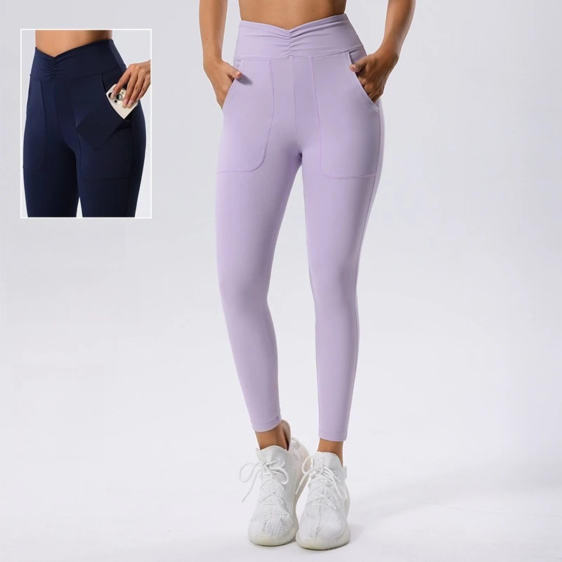 

Women’s Solid Color High Waist Leggings with Side Pockets, Push Up Fitness Yoga Pants, Breathable Cycling Sportswear