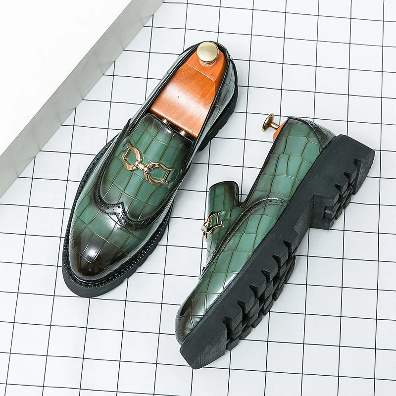 Trendy Brand Green Brogue Shoes Men's Leather Business Shoes Groom's Wedding Men's Loafers British Style Free Delivery